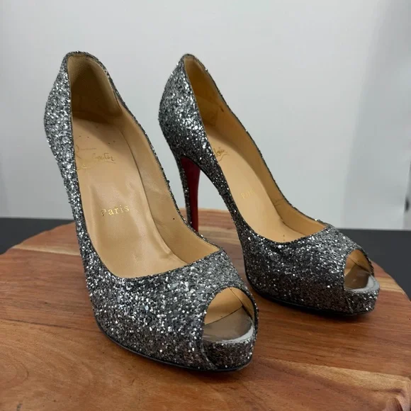 Christian Louboutin Very Prive peep-toe pumps silver glitter finish 38.5 8.5